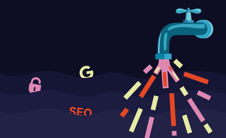 faucet with a leak and seo branding floating in the water