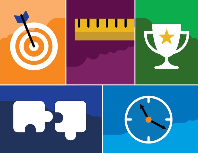 puzzle of bulls eye, ruler, trophy, puzzle, and time