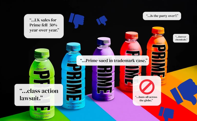 A display of colorful Prime branded bottles, arranged artistically to highlight their vivid hues.